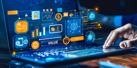 Concept of delivering value through digital business solutions, shown by a laptop displaying icons representing customer value, teamwork, analytics, and value proposition on a virtual interface