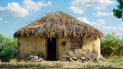 Poster - Traditional thatched hut with rustic door and window. Suitable for travel brochures or rural living themes
