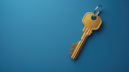 Poster - A shiny golden key on a vibrant blue backdrop. Suitable for various concepts