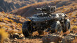 Futuristic Armored Military Vehicle Navigating Rugged Desert Terrain