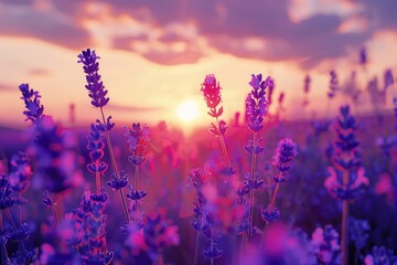 Aufkleber - A beautiful field of purple flowers with the sun setting in the background. Perfect for nature or landscape backgrounds