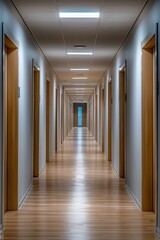 Aufkleber - A long hallway with wooden floors and white walls. Perfect for interior design concepts