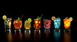 Set of various cocktails with on black background