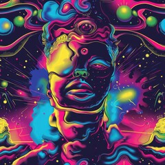 Poster - Psychedelic image of a man's face with planets around him. Suitable for science fiction or space-related concepts