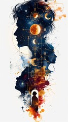 Aufkleber - a woman's profile with a clock in the background. couple silhouette, astrology and signs, book cover