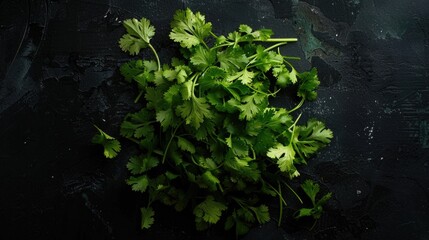 Poster - A bunch of cilantro on a black surface. Perfect for food and cooking concepts