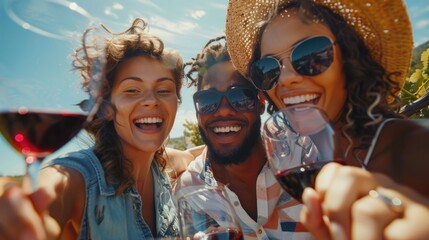 Poster - Group of friends posing for a selfie with a glass of wine, perfect for social media posts or party invitations