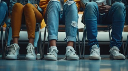 Poster - Group of people sitting next to each other on chairs. Suitable for business or office concepts