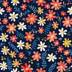 Poster - A beautiful pattern of flowers and leaves on a vibrant blue background. Perfect for design projects or botanical themes