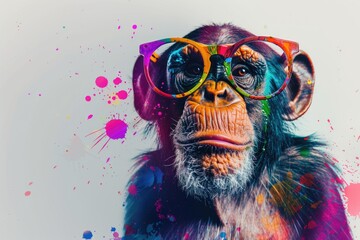 Poster - A playful monkey wearing glasses with colorful paint splatters on its face. Suitable for creative and artistic concepts