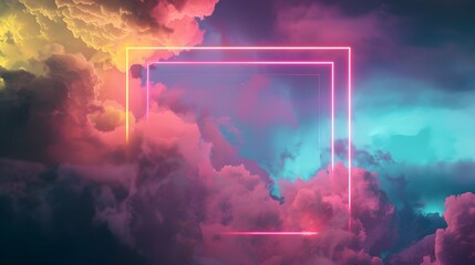 Canvas Print - 3d render, abstract minimal background with pink blue yellow neon light square frame with copy space, illuminated stormy clouds, glowing geometric shape