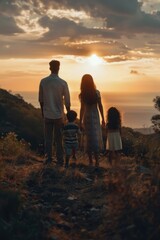 A man and two children standing on a hill. Suitable for family or outdoor activities concept