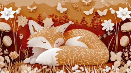 Poster - Paper cut of a fox surrounded by colorful flowers, suitable for various creative projects