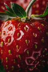 Poster - Close-up of a ripe strawberry with water droplets, perfect for food and health-related designs
