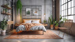 Modern industrial style bedroom interior with concrete walls