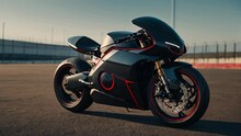 A Black Super Sports Motorcycle With Red Accents Is Parked On A Road.