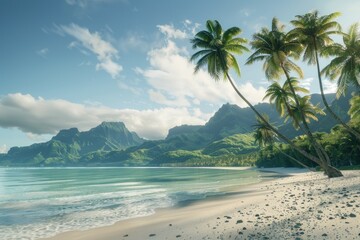 Aufkleber - Scenic view of a beach with palm trees and a mountain in the background. Perfect for travel and vacation concepts