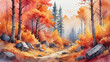 Watercolor scene showcasing a vibrant autumn forest, with trees ablaze in hues of red, orange, and gold.