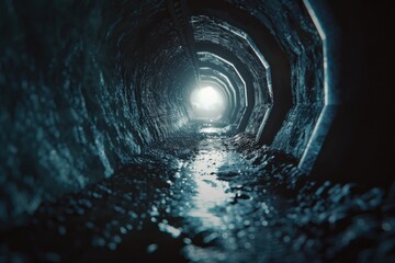 Poster - A dark tunnel with a light at the end. Suitable for concepts of hope and overcoming challenges