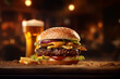 Juicy burger with two beef patties and light beer on a pub background