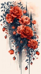 Aufkleber - a painting of a bunch of red roses. black, red and orange romantic flat illustration