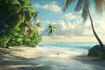 Aufkleber - A serene sandy beach with palm trees under the bright sun. Perfect for travel and vacation concepts