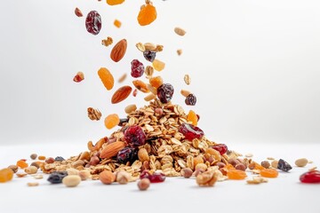 Poster - Nutritious mix of granola nuts and dried fruits dropping onto white surface for a wholesome snack