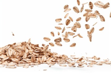 Wall Mural - Oat and rye flakes falling close up on white background