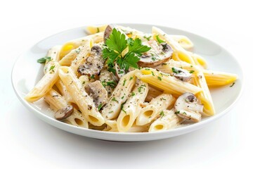 Penne pasta with mushroom carbonara sauce on white background