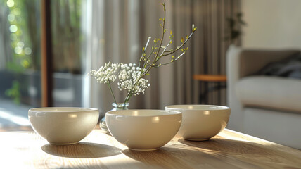 Wall Mural - White bowls and flowers on a wooden table.