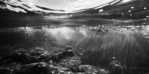 Poster - Monochrome image of water and rocks, suitable for various projects