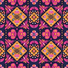 Wall Mural - art textile pattern, style art illustration, in the style of folkloric dots, flat illustrations, light magenta and dark amber, detailed luxury, illustration, dotty, dark azure and pink 