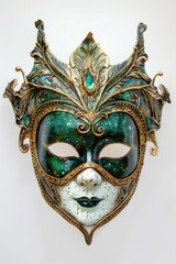 Poster - A decorative green and gold mask displayed on a white wall. Perfect for interior design projects
