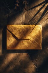 Poster - A yellow envelope placed on a wooden table. Suitable for office or communication concepts