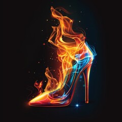 A high heeled shoe with flames on a black background.