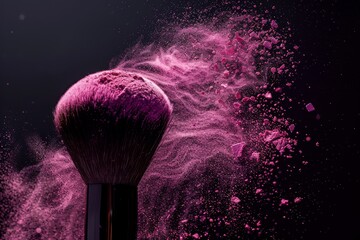 Sticker - Pink powder dust on black background on make up brush