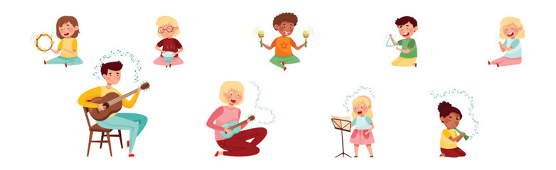 Wall Mural - Funny Kid Character Playing Musical Instrument at Music Lesson Vector Set