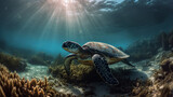 Fototapeta Do akwarium - A close-up of a turtle on the seabed