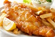 Tasty battered fish and chips on a plate