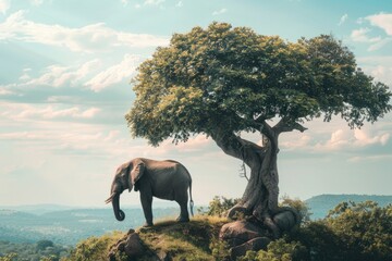 Aufkleber - An elephant standing on top of a hill next to a tree. Suitable for nature and wildlife themes