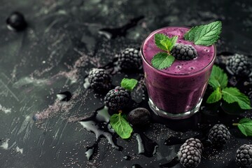 Poster - Tasty blackberry smoothie on black table in glass