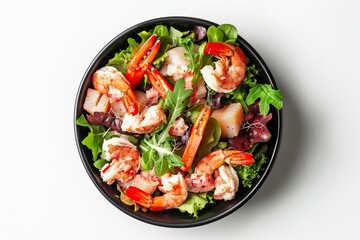 Poster - Tasty crab salad in black bowl isolated top view