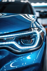 Poster - Close up of a blue car in a garage. Suitable for automotive industry