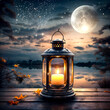 Lantern with burning candle and night sky with waning moon background