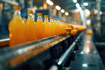 Poster - A line of orange juice bottles on a conveyor belt. Ideal for illustrating manufacturing processes
