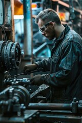 Aufkleber - A man working on a machine in a factory. Suitable for industrial concepts