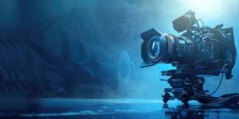 Poster - A camera on a tripod in a dark room. Perfect for photography concepts
