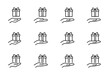 Hand is holding, giving, receiving, donating of one gift box. Different types of hand with present. Set of outline icons (thin line vector). Editable Strokes