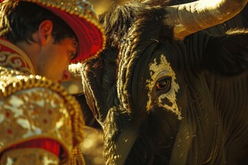 Aufkleber - Close-up of a bull with a man wearing a red hat. Suitable for various projects