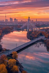 Poster - City skyline with bridge over river. Ideal for urban and travel concepts